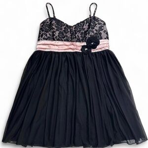 BCX Black and Pink Lace Babydoll Empire Waist Spaghetti-Strap Party Dress